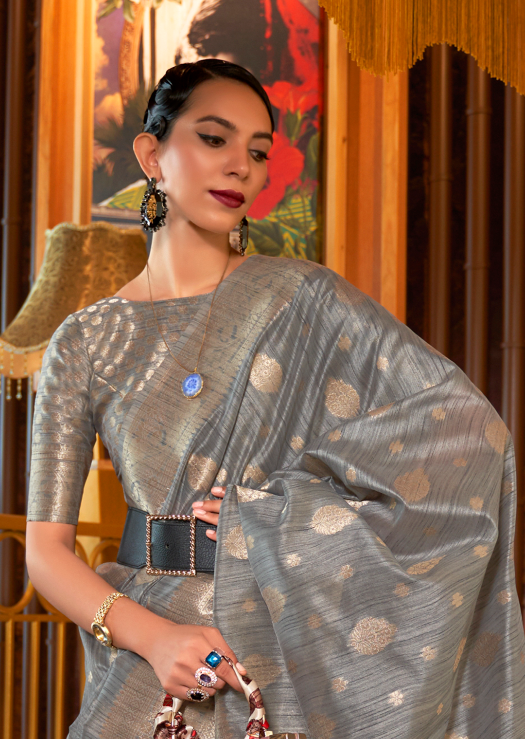 Grey Woven Pure Handloom Tussar Silk Saree
