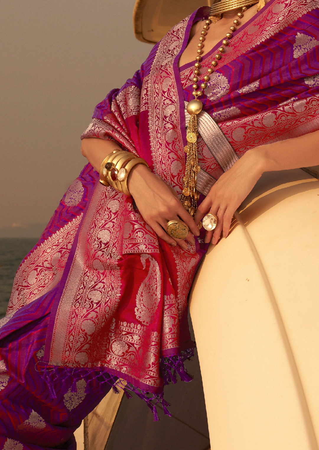 Purple Zari Woven Handloom Pure Banarasi Satin Silk Saree