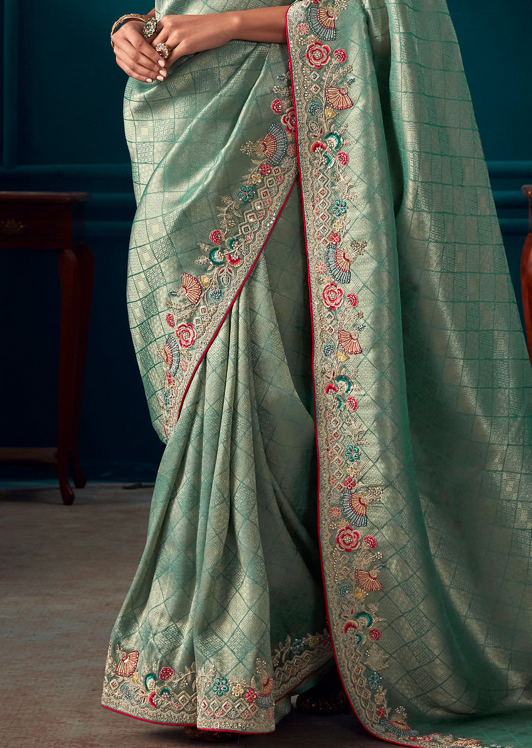 PERSIAN GREEN HEAVY EMBROIDERED BROCADE DESIGNER KANJIVARAM SILK SAREE
