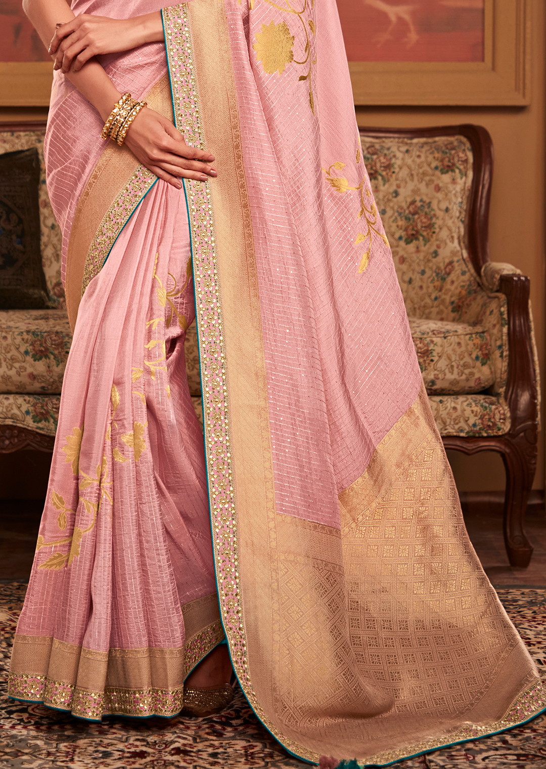 PASTEL PINK PURE CREPE SILK DESIGNER BANARASI SAREE