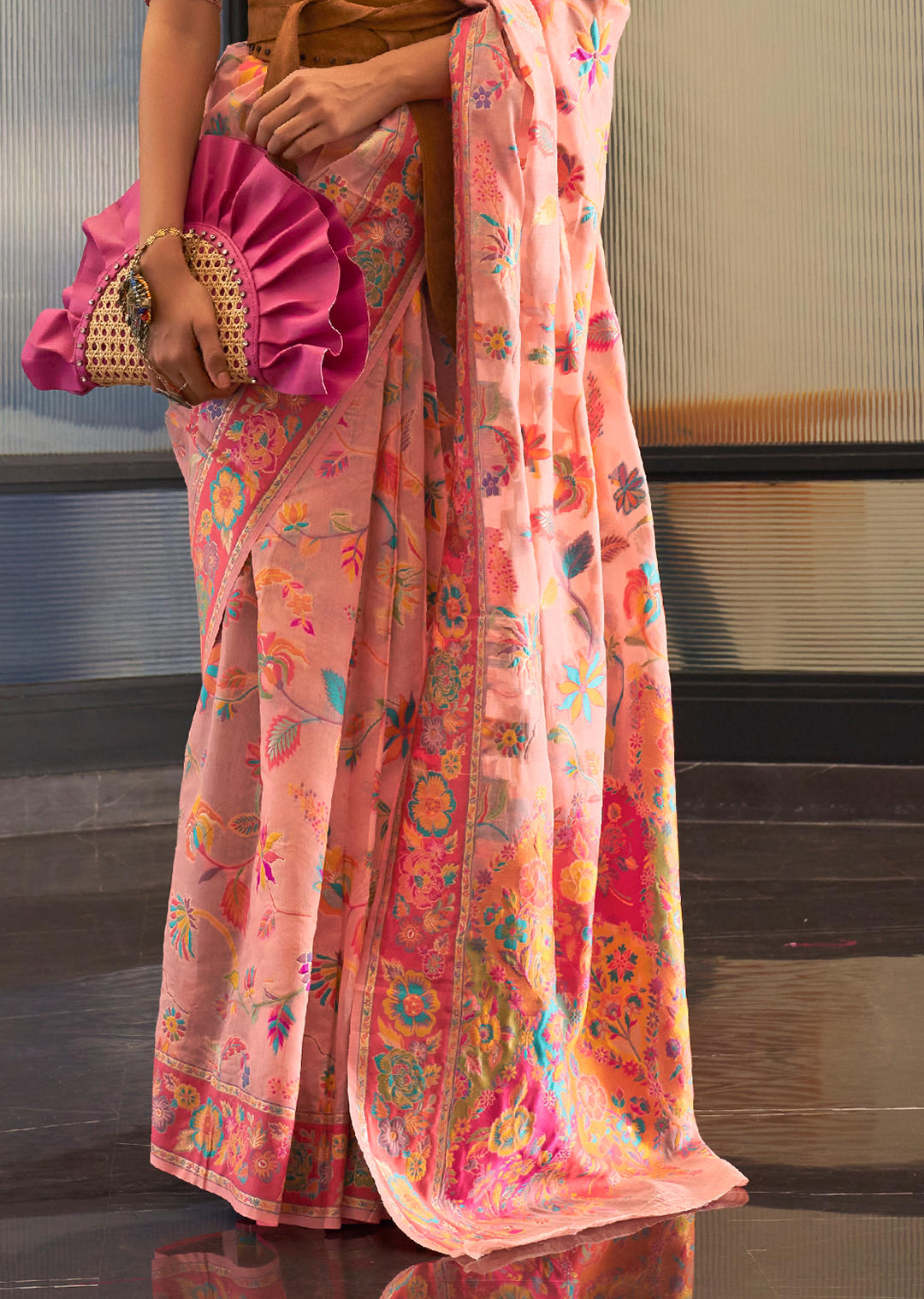 Deep Peach Woven Pure Handloom Kashmiri Jamewar Silk Saree