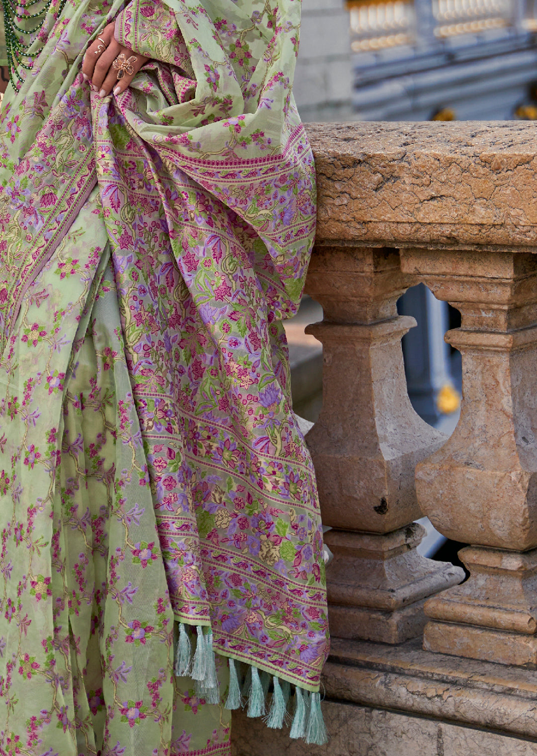 Tea Green Woven Pure Handloom Parsi Organza Silk Saree