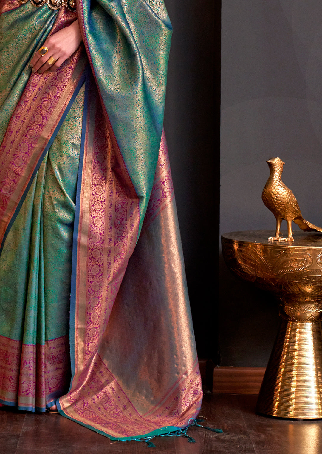 Golden peacock Green Zari Woven Pure Handloom Kanjivaram Silk Saree