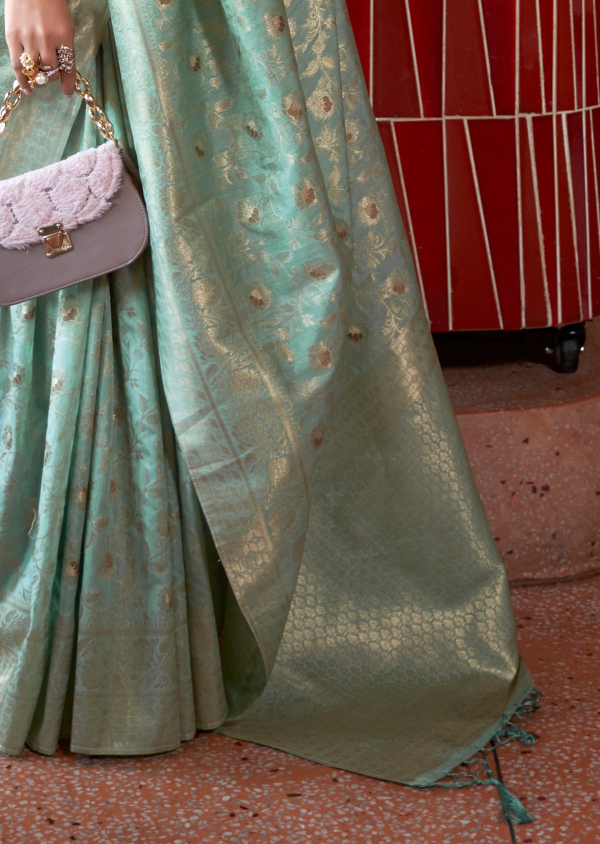Mint Green Zari Woven Pure Handloom Banarasi Silk Saree