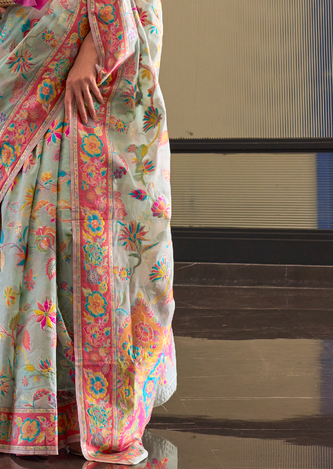 Mint Green Woven Pure Handloom Kashmiri Jamewar Silk Saree