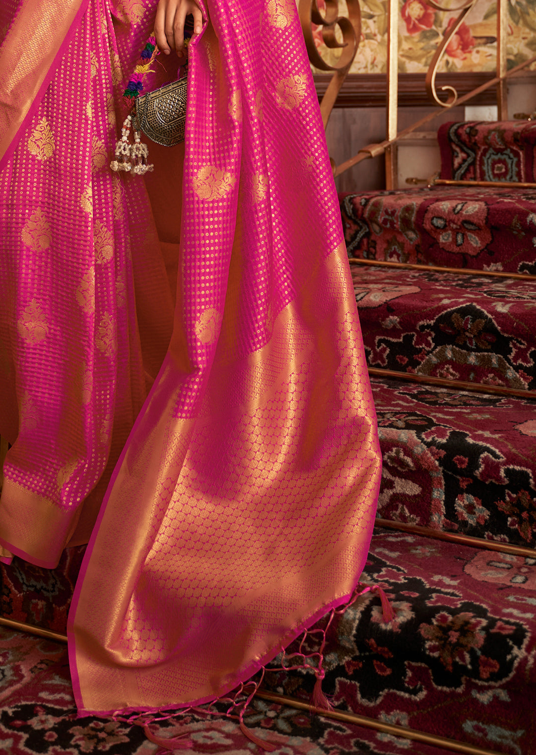 Magenta Pink Zari Woven Two Tone Chinon Kanjivaram Silk Saree