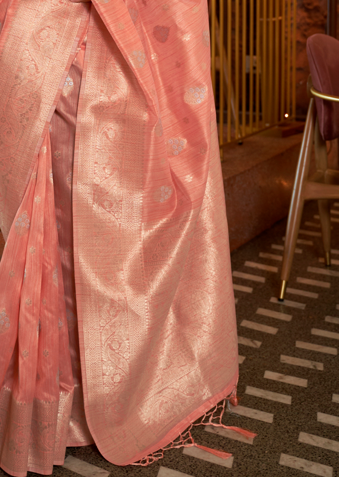 Peach Woven Pure Handloom Tussar Silk Saree