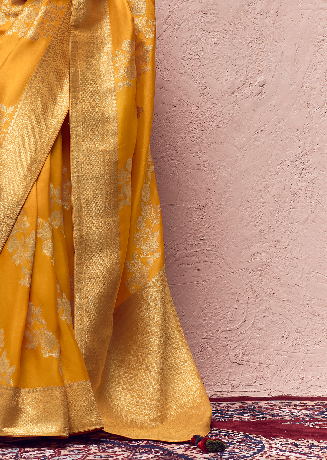 GOLDEN YELLOW PURE CREPE SILK DESIGNER KHADDI BANARASI SAREE