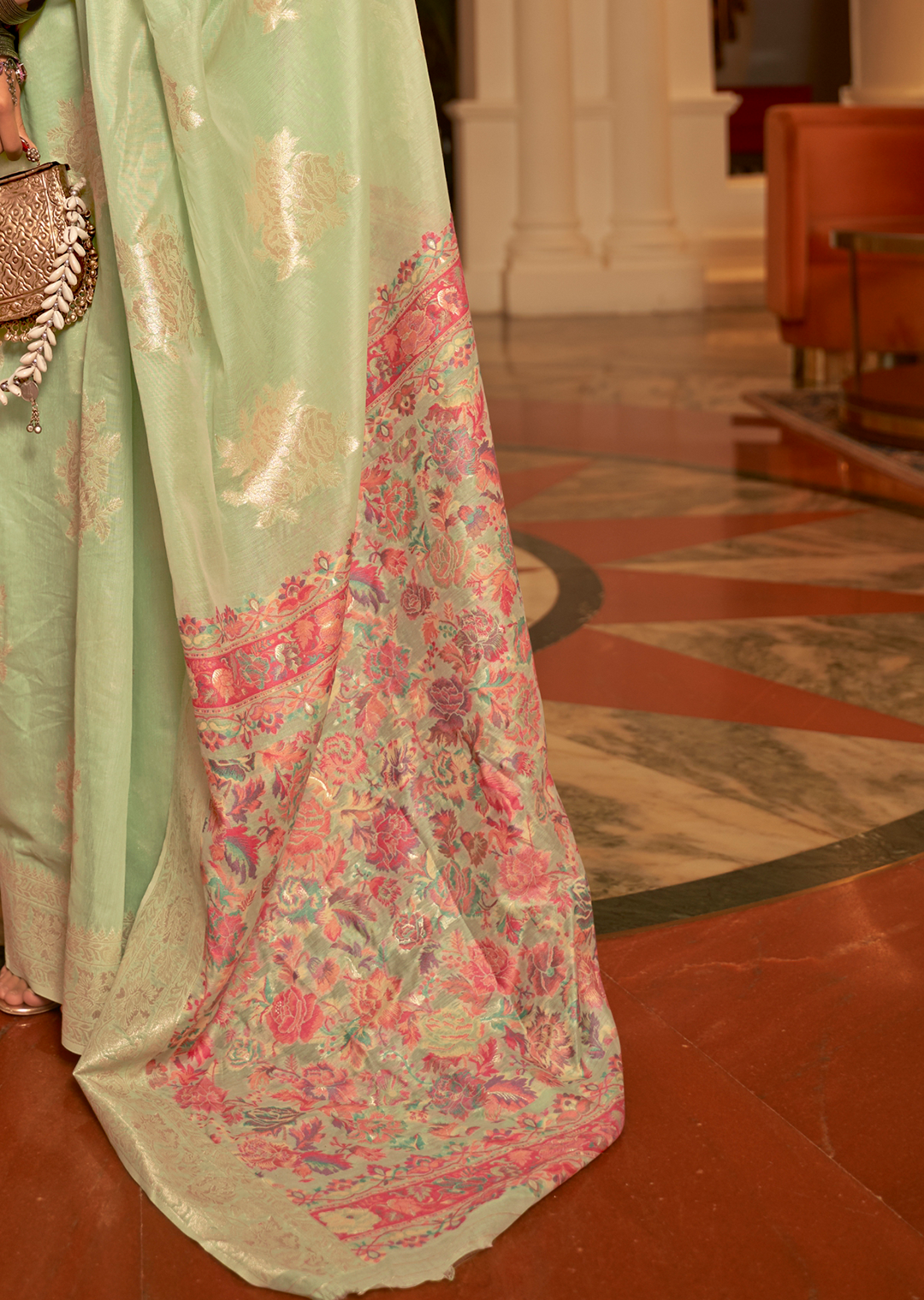 TEA GREEN WOVEN KASHMIRI JAMEWAR SILK SAREE
