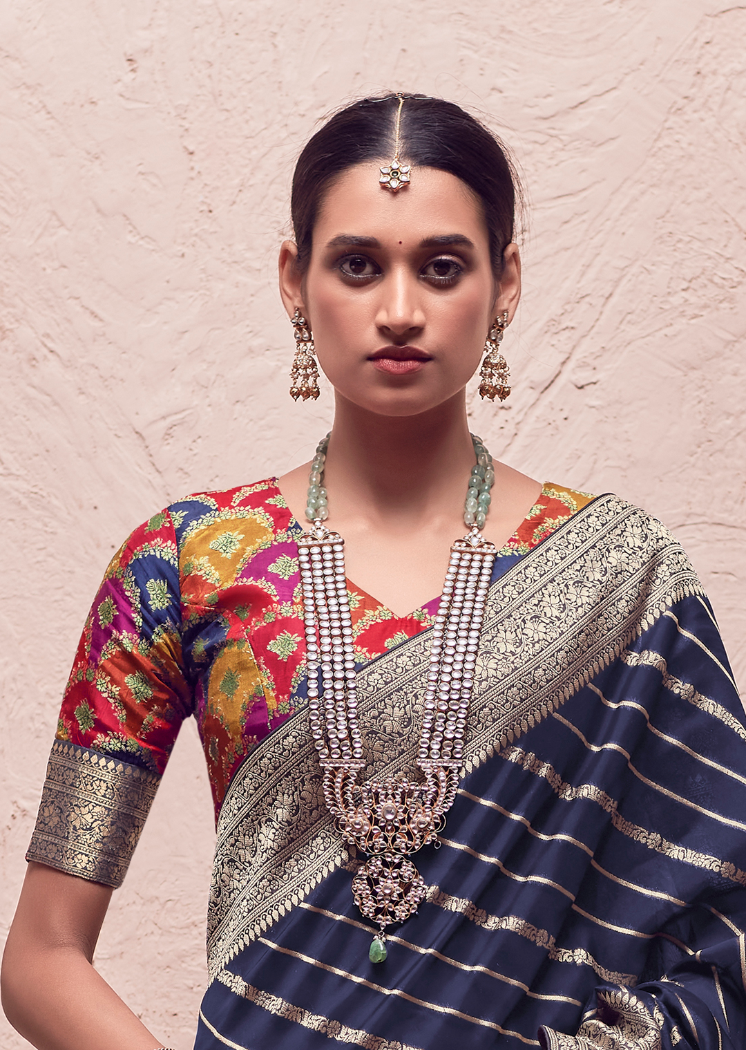 NAVY BLUE PURE CREPE SILK DESIGNER KHADDI BANARASI SAREE