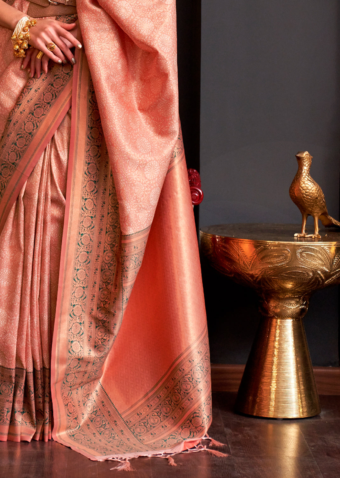 Peach Zari Woven Pure Handloom Kanjivaram Silk Saree