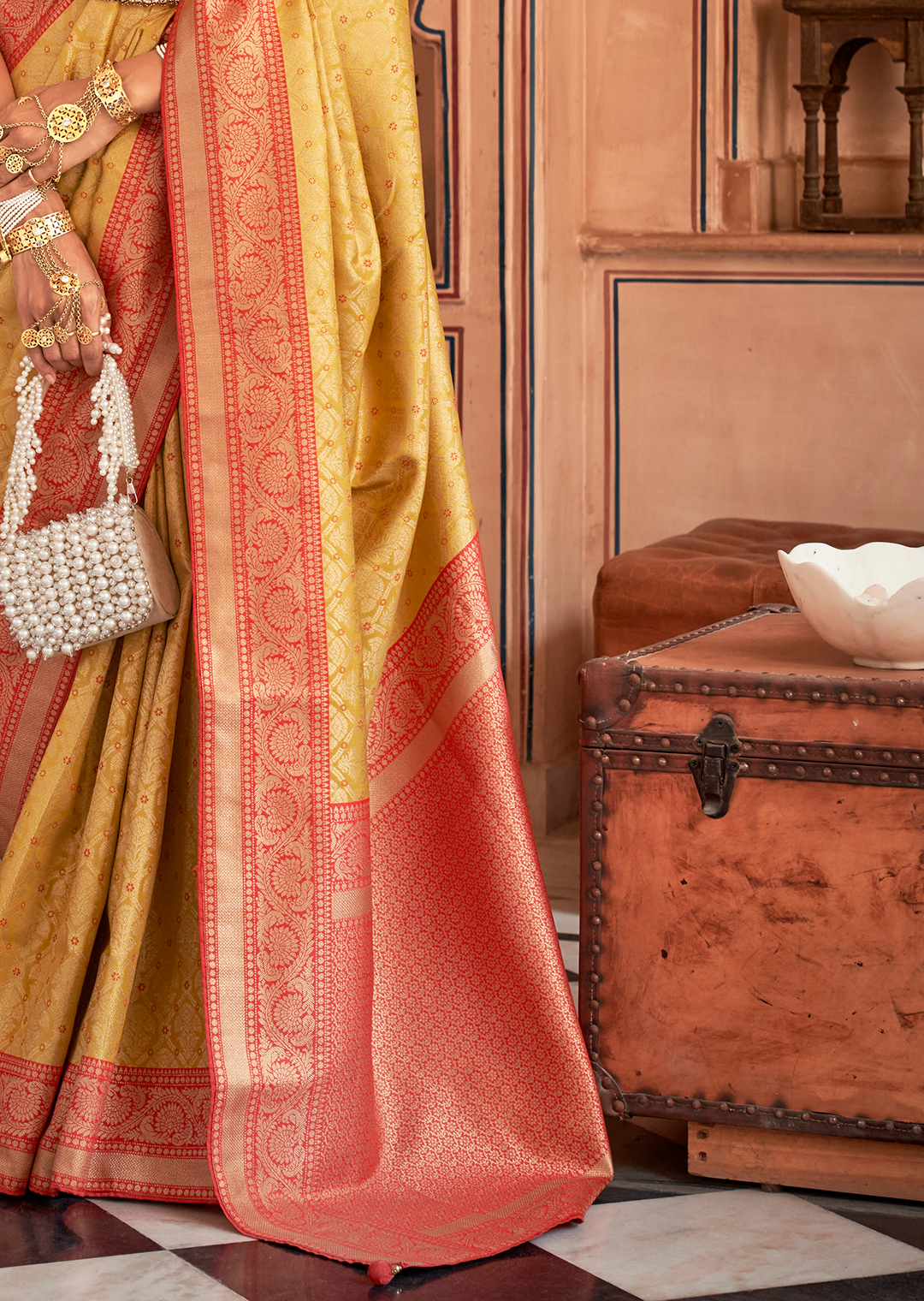 Corn Yellow Woven Royal Patola Kanjivaram Silk Saree