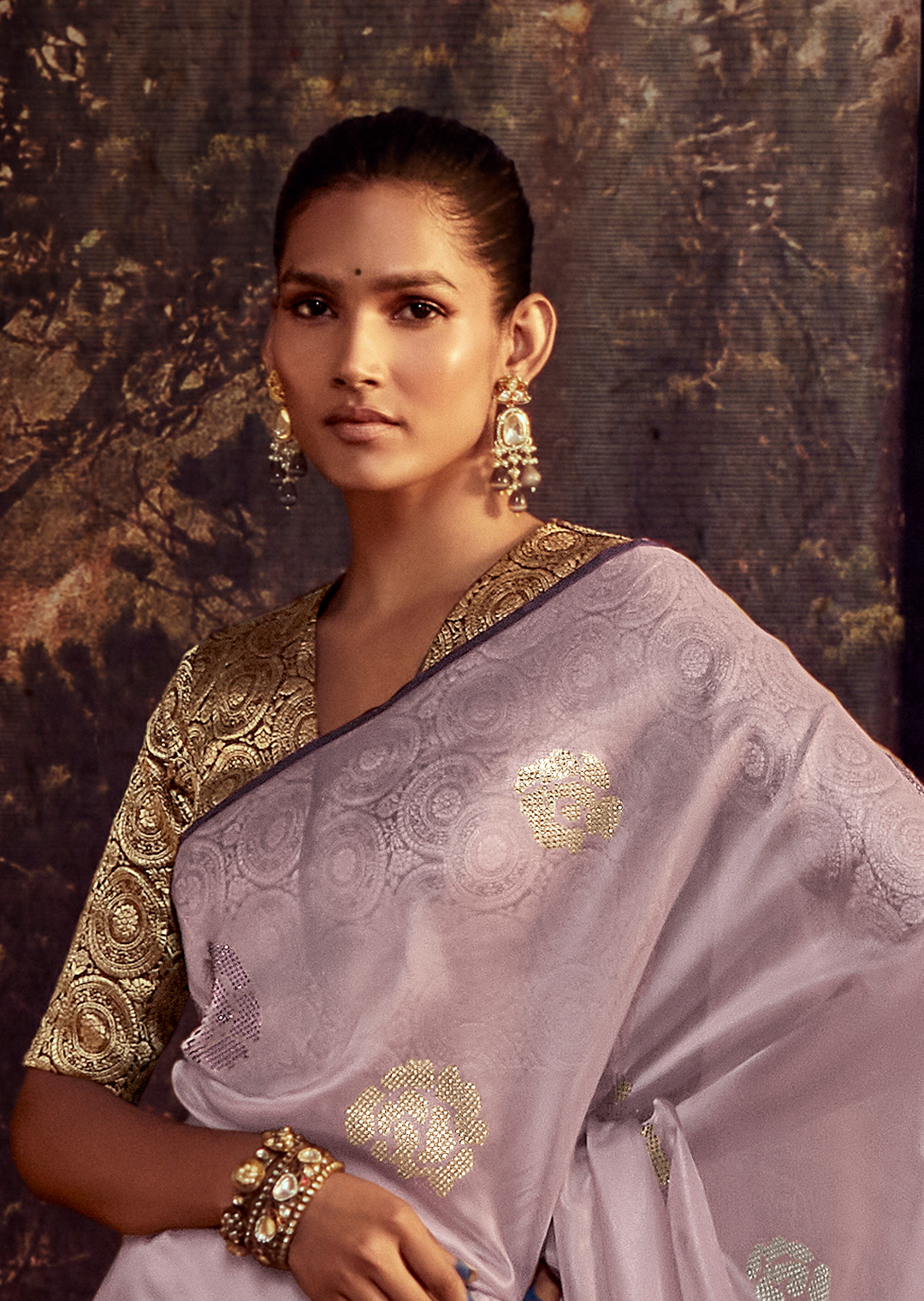LILAC PURPLE PURE TISSUE SILK DESIGNER SAREE
