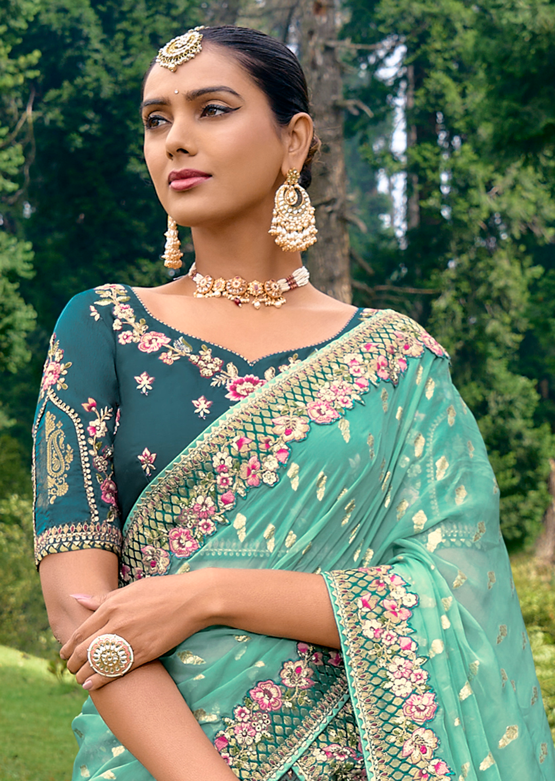 Teal Blue Heavy Embroidered Premium Designer Silk Lehenga