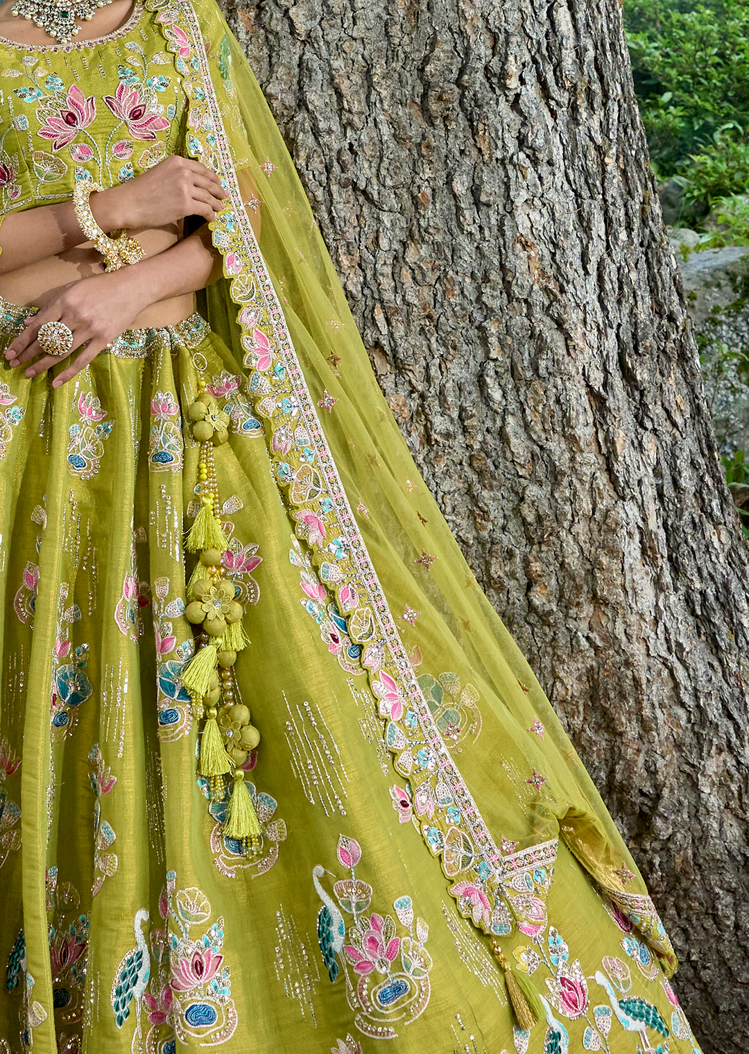 Pear Green Hand Worked Premium Designer Silk Lehenga