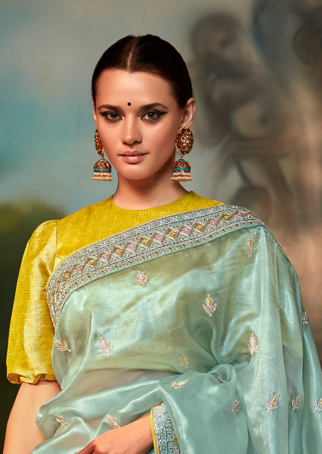 CELESTE BLUE DESIGNER PURE ORGANZA SILK SAREE
