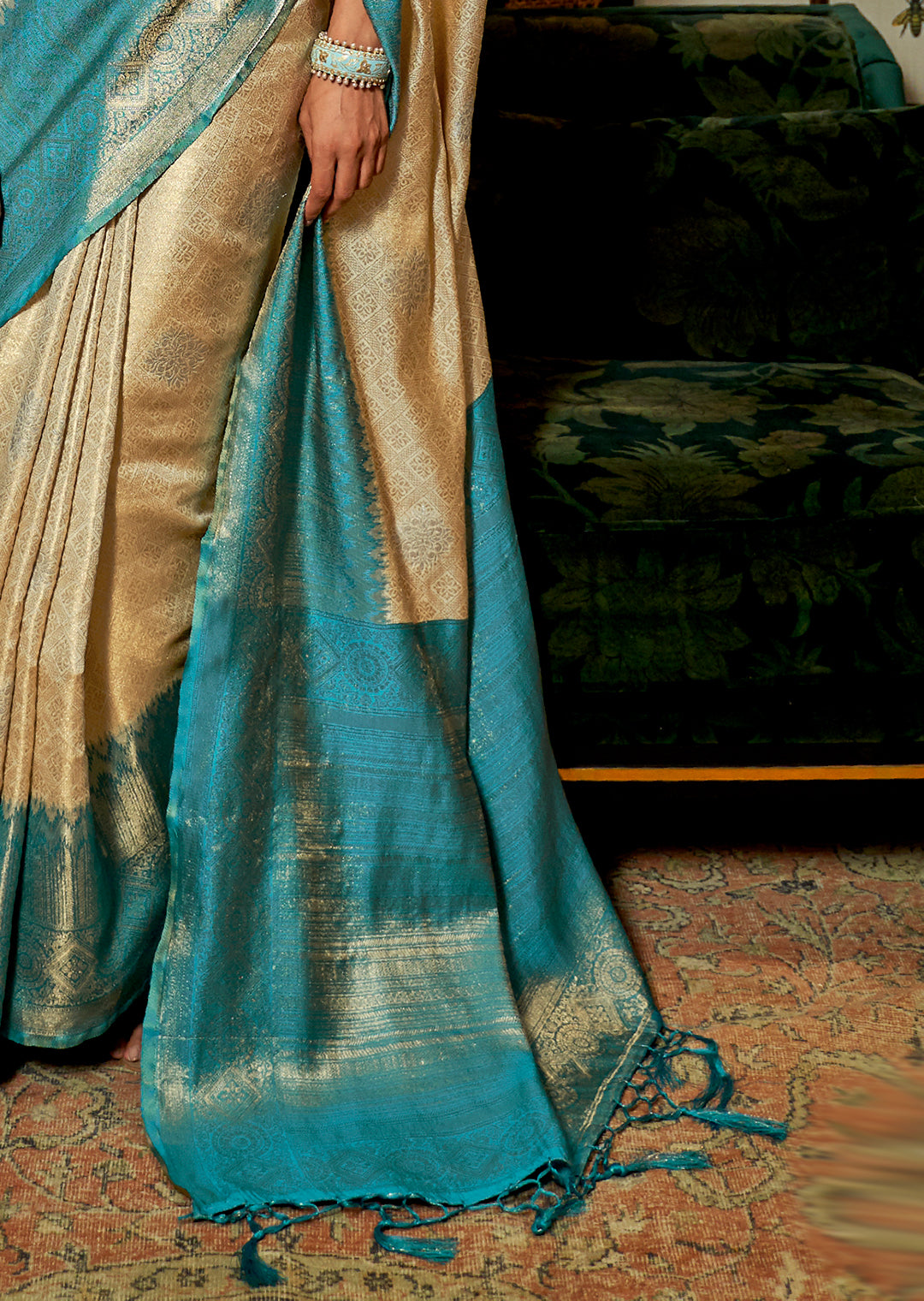 GOLDEN PEARL OFF WHITE AND BLUE ZARI WOVEN HANDLOOM KANJIVARAM SILK SAREE