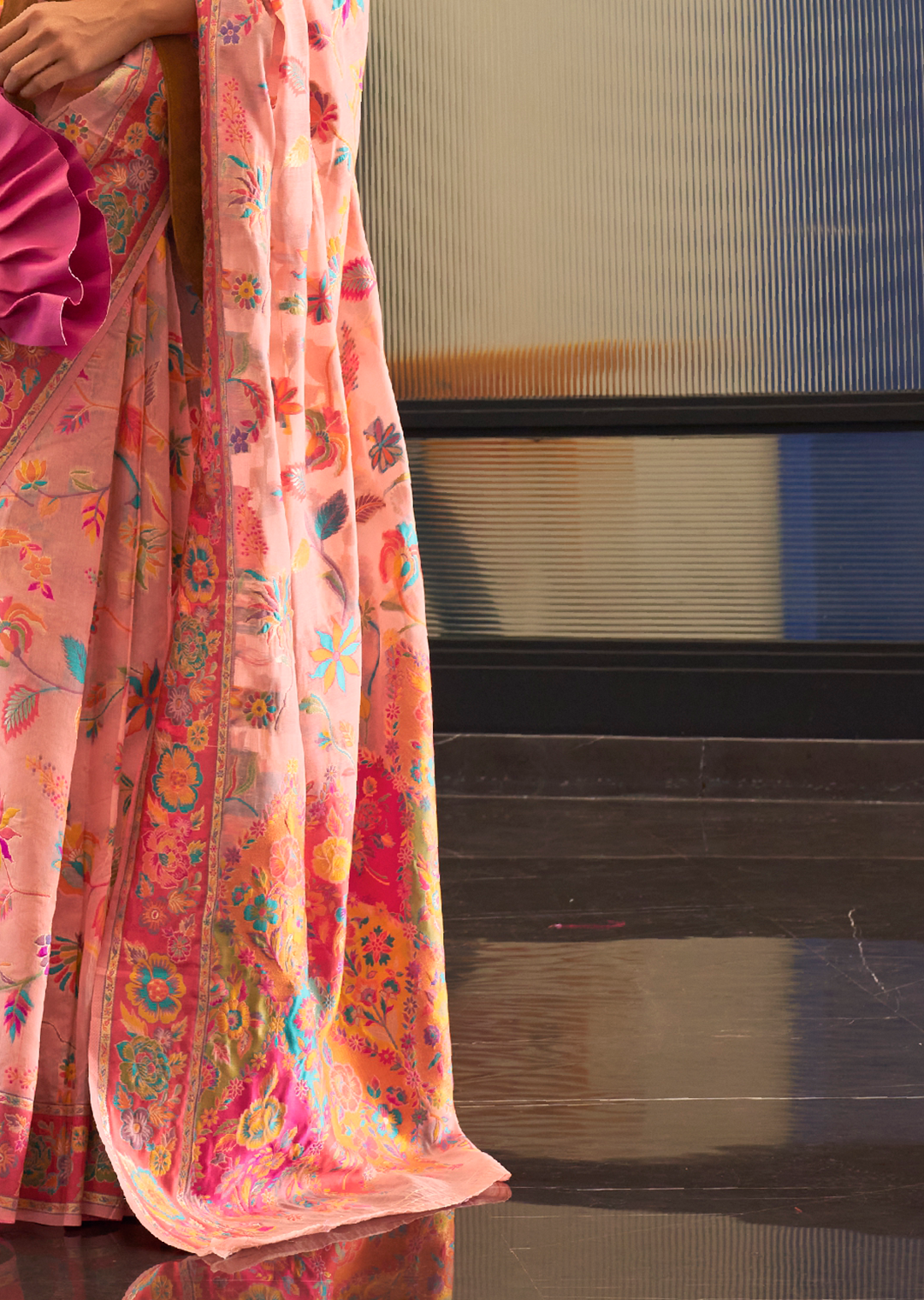 Deep Peach Woven Pure Handloom Kashmiri Jamewar Silk Saree