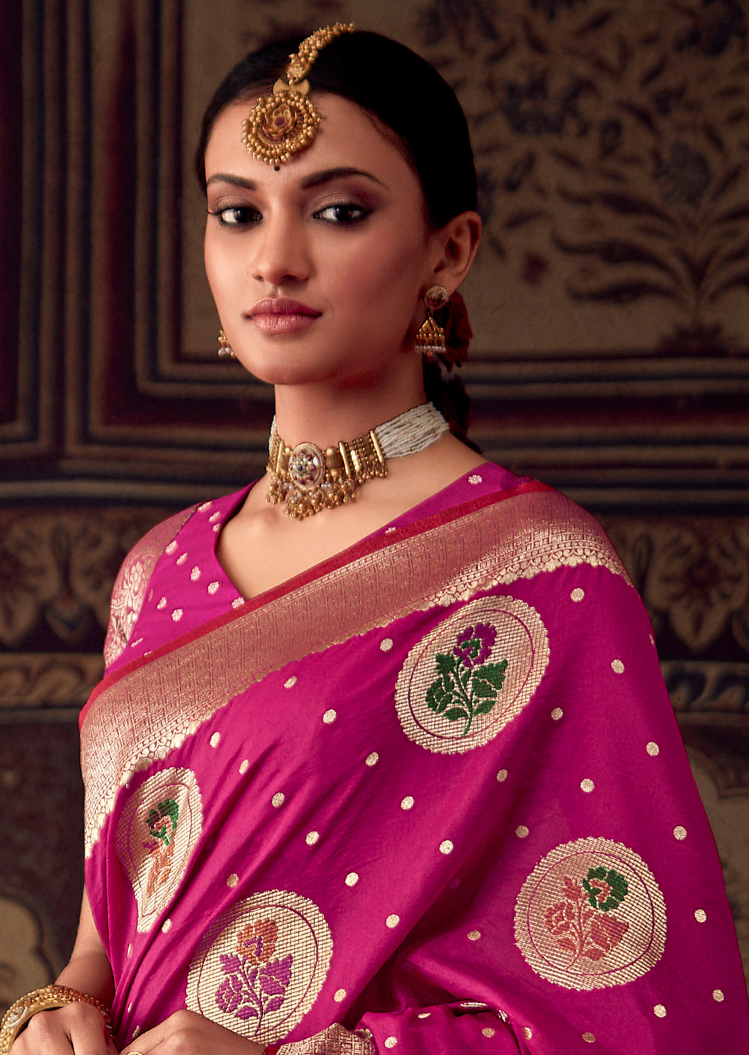 DEEP PINK MEENAKARI WOVEN DESIGNER BANARASI SILK SAREE