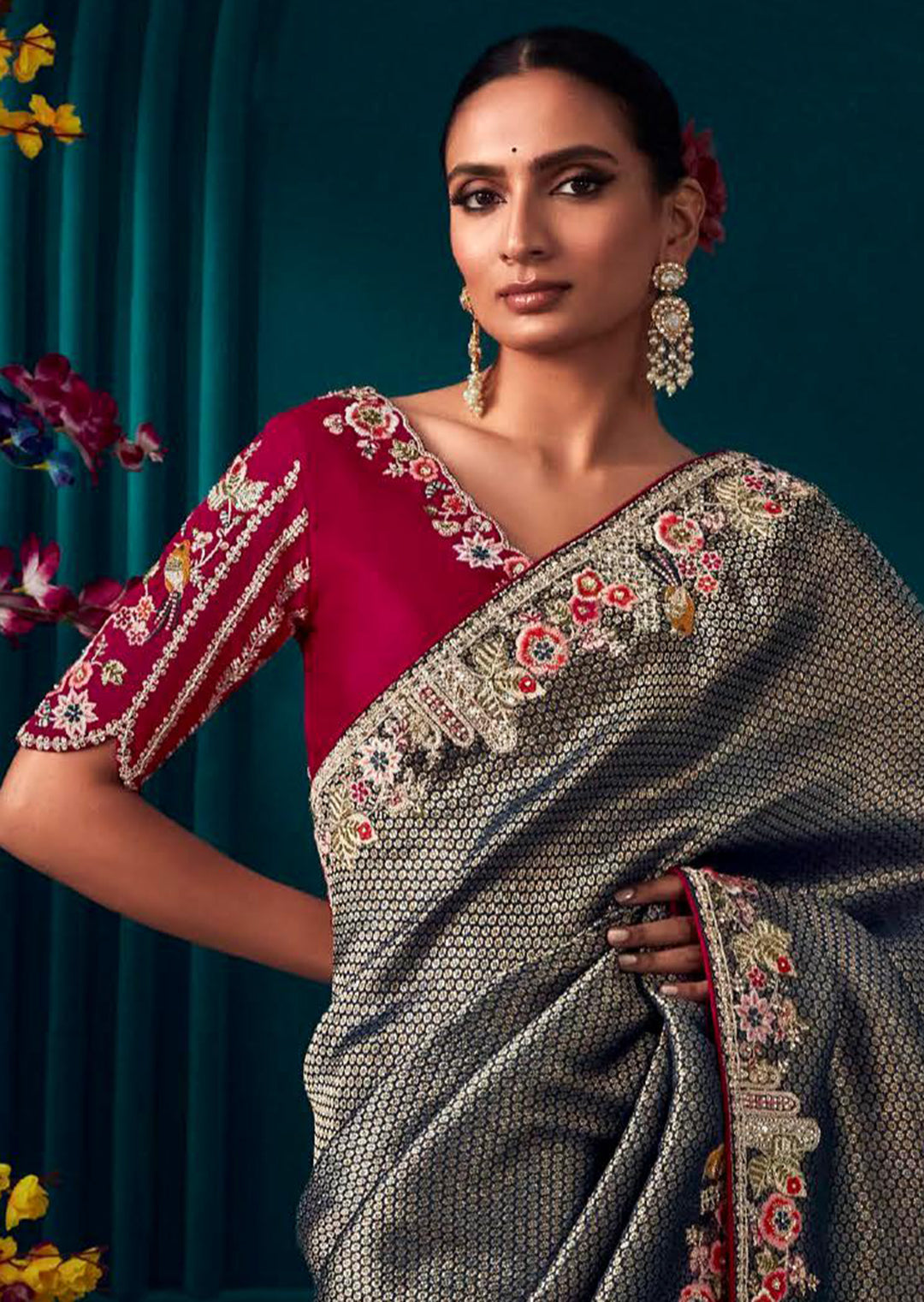 NAVY BLUE HEAVY EMBROIDERED BROCADE DESIGNER KANJIVARAM SILK SAREE