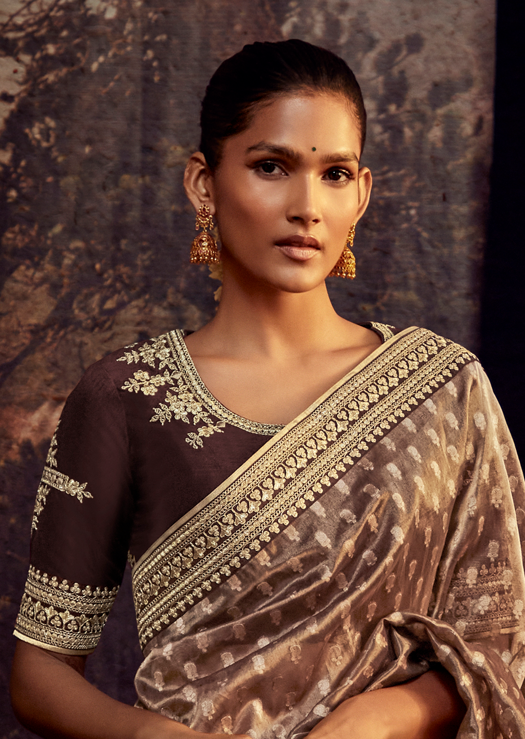 CHOCO BROWN PURE TISSUE SILK DESIGNER SAREE