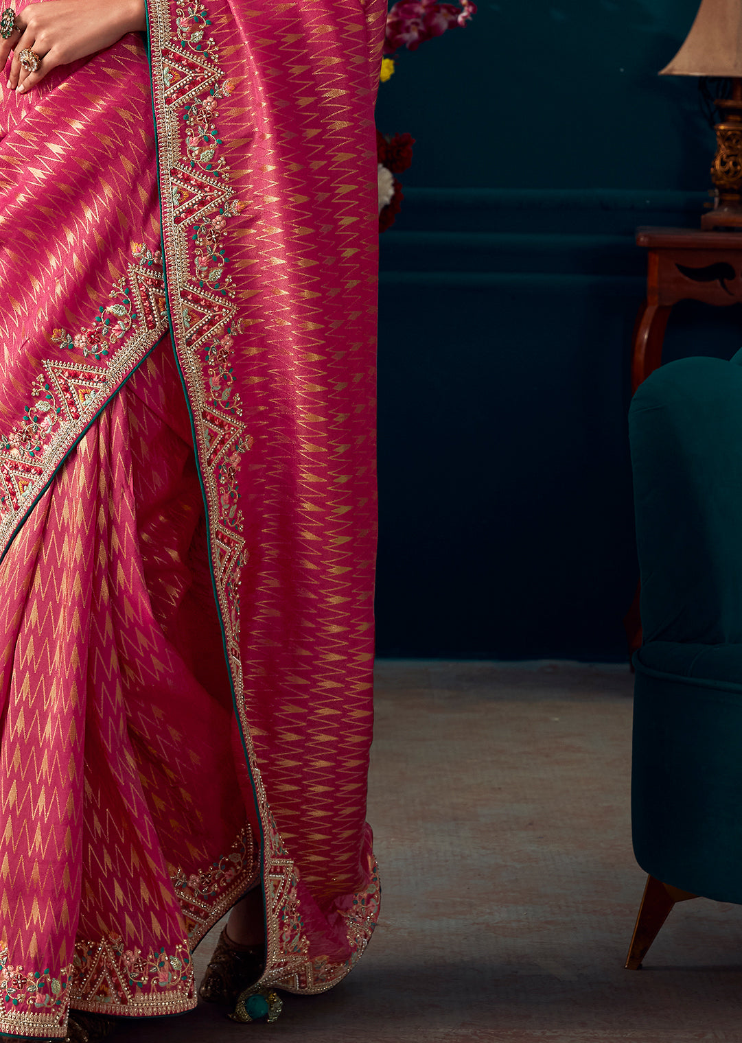 WATERMELON RED HEAVY EMBROIDERED BROCADE DESIGNER KANJIVARAM SILK SAREE