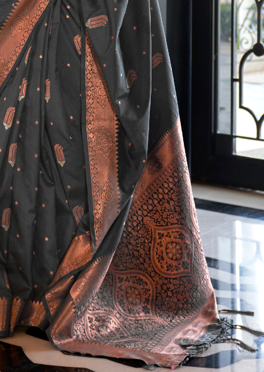 Black Copper Zari Woven Pure Handloom Banarasi Silk Saree