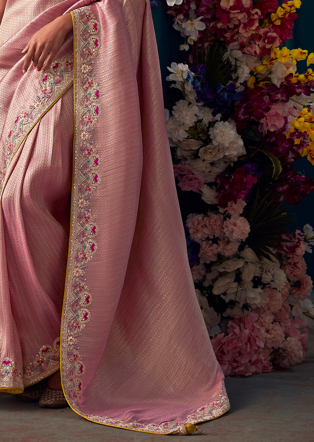 CREPE PINK	HEAVY EMBROIDERED BROCADE DESIGNER KANJIVARAM SILK SAREE