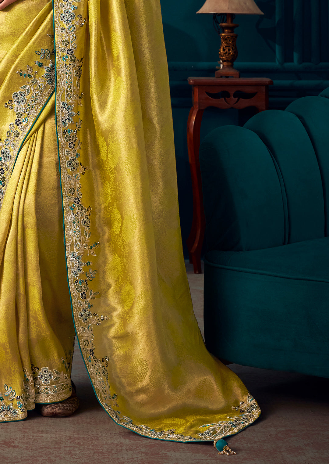 LIME GREEN  HEAVY EMBROIDERED BROCADE DESIGNER KANJIVARAM SILK SAREE