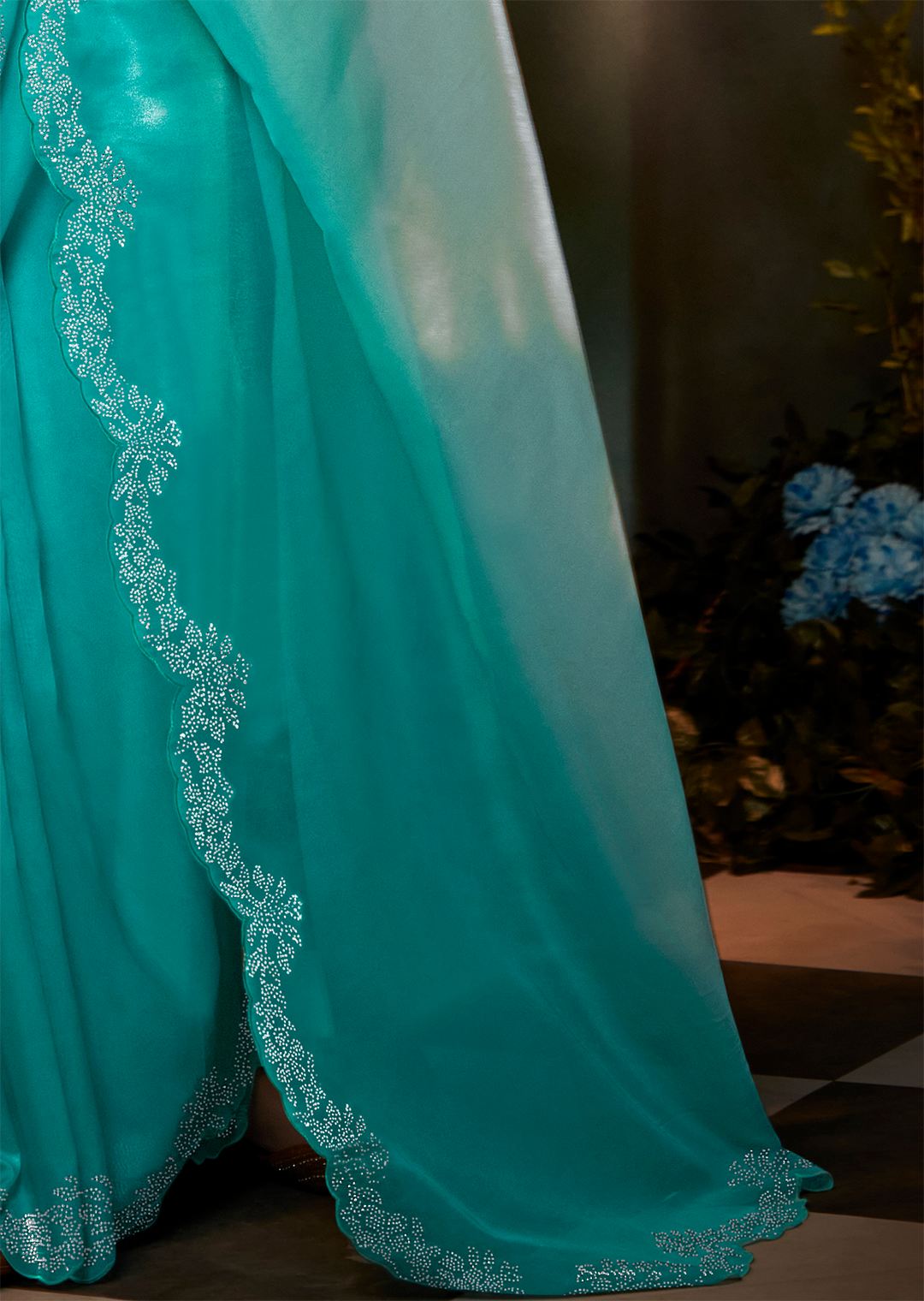 TURQUOISE BLUE PURE TISSUE SILK SWAROVSKI DESIGNER SAREE