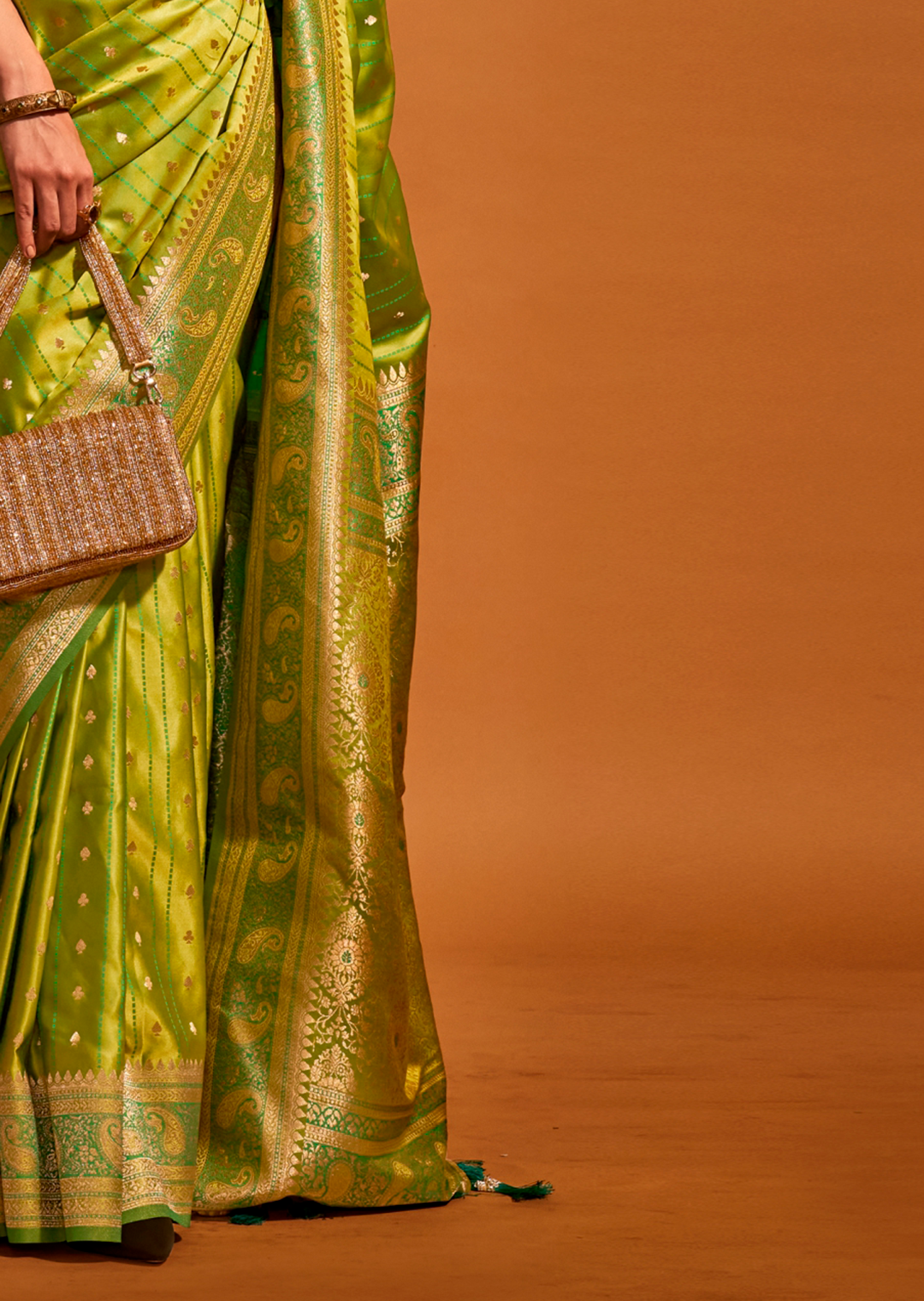 Pear Green Zari Woven  Handloom Pure Banarasi Satin Silk Saree