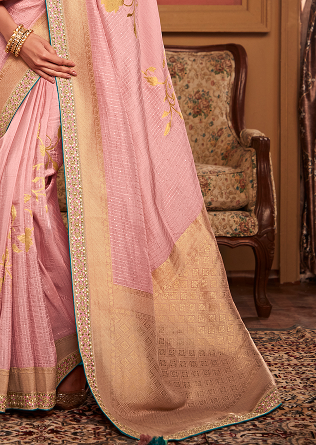 PASTEL PINK PURE CREPE SILK DESIGNER BANARASI SAREE