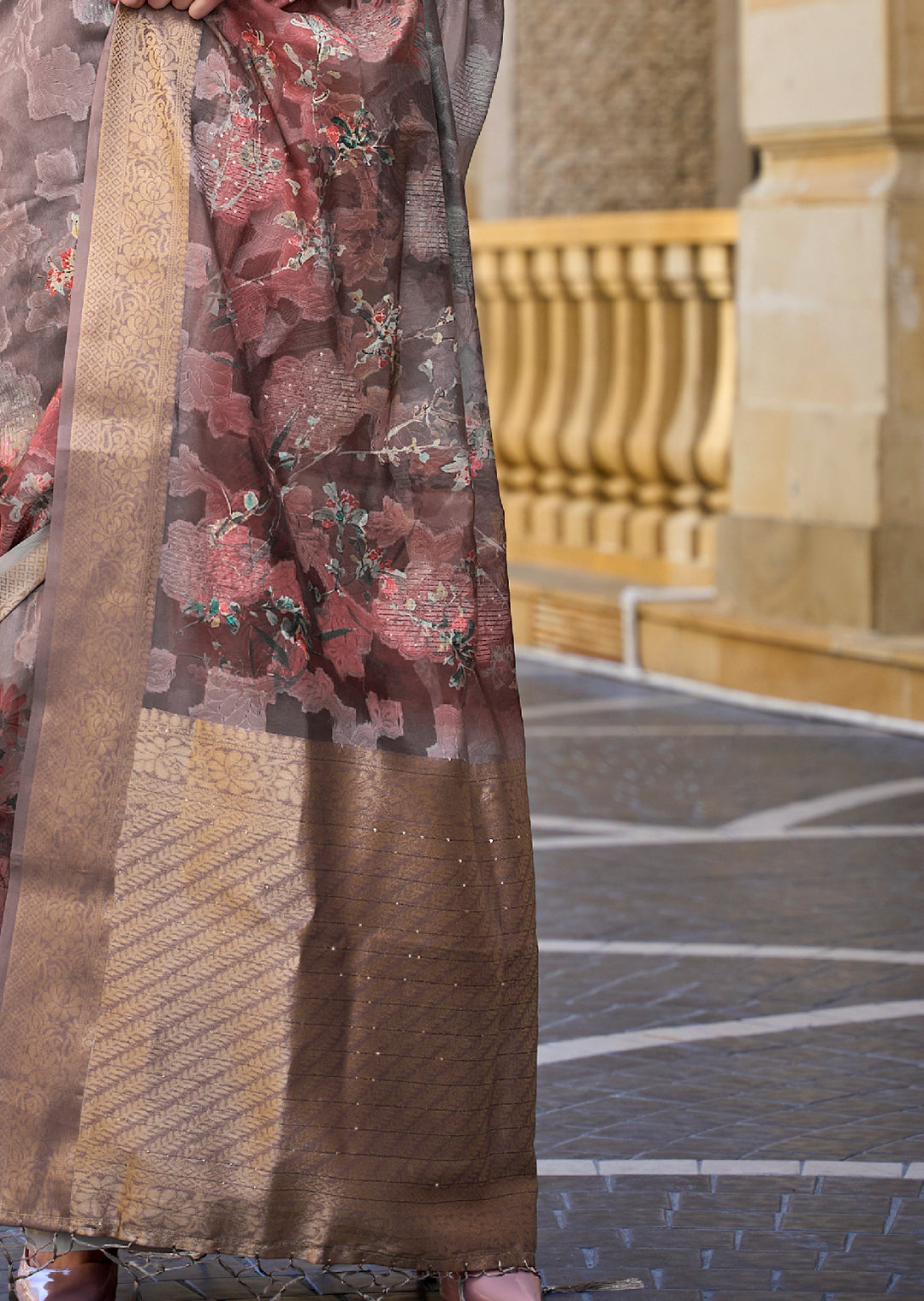 Dove Grey Woven Printed Brasso Handloom Silk Saree