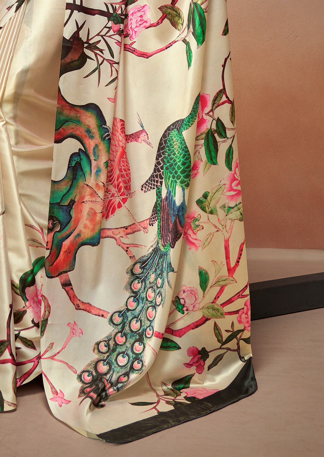 Cream White Woven Digital Printed Satin Crepe Silk Saree