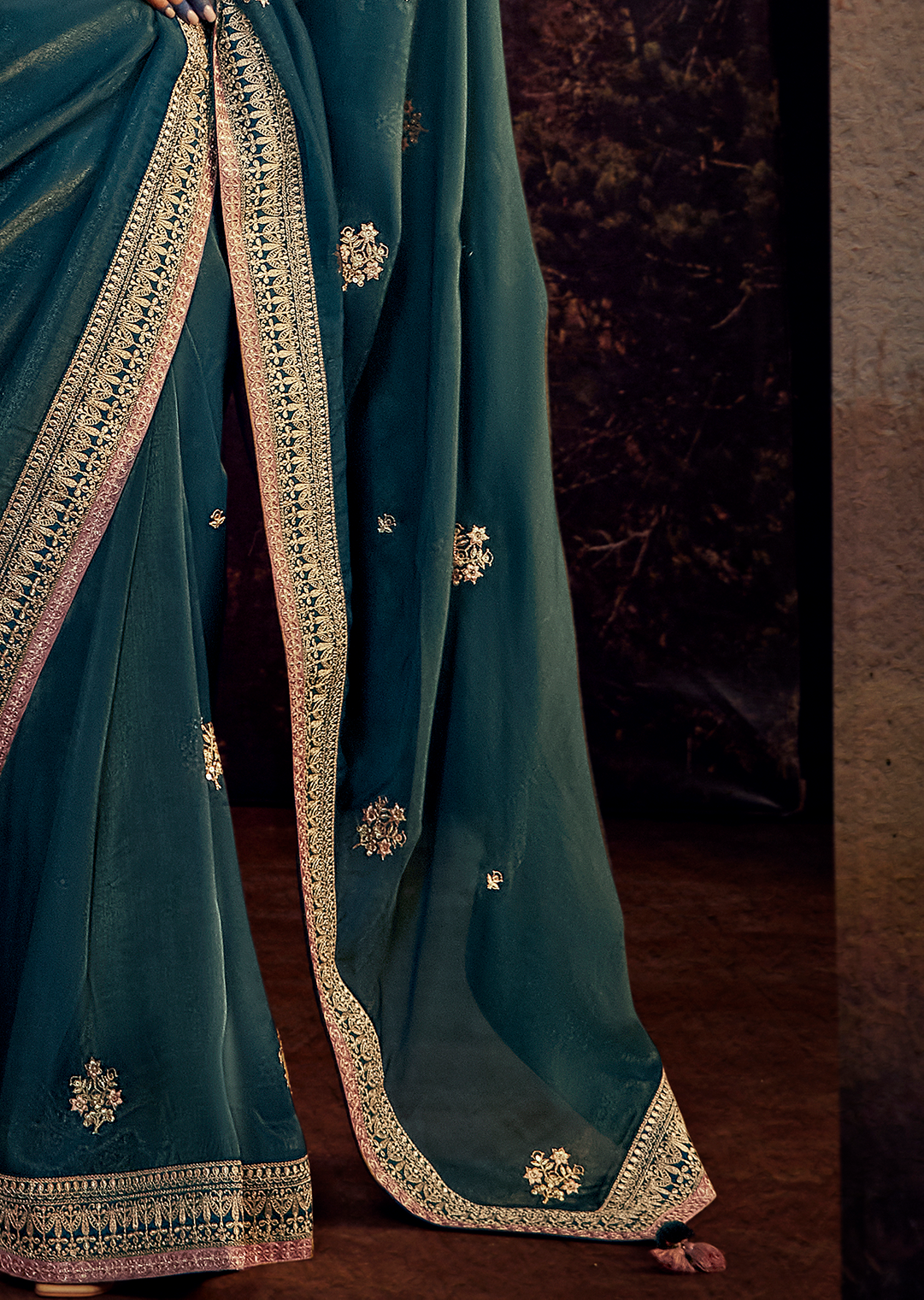 TEAL GREEN 	PURE TISSUE SILK DESIGNER SAREE