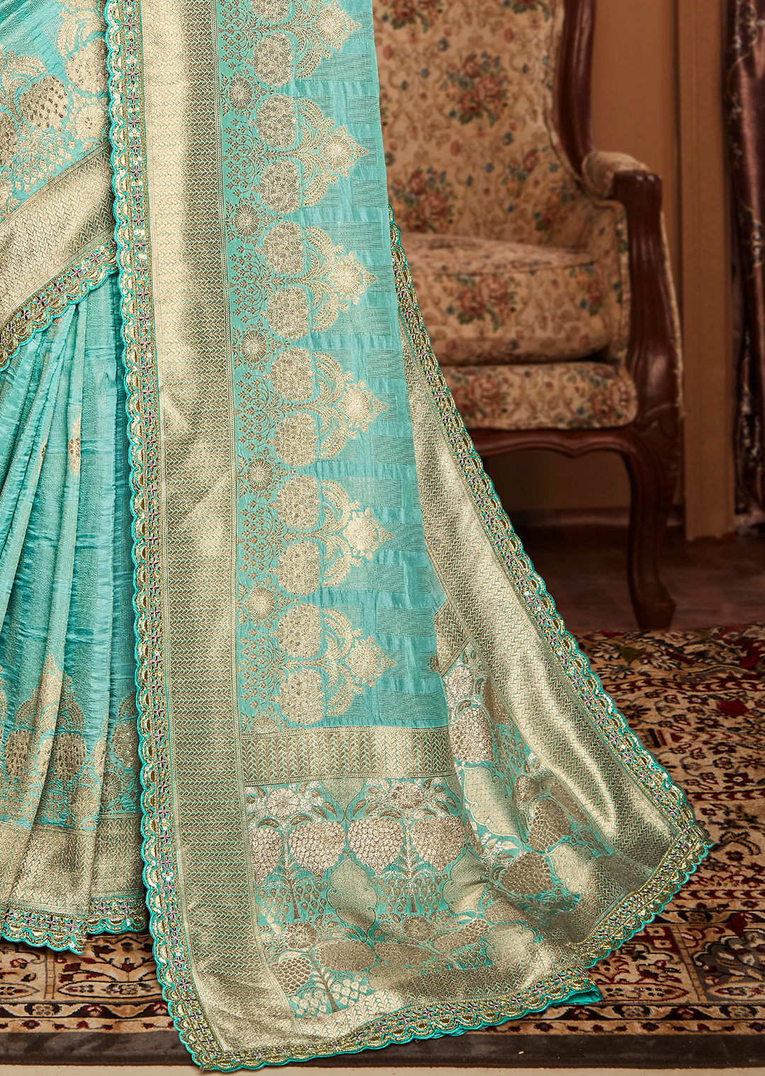 AQUA BLUE	PURE CREPE SILK DESIGNER BANARASI SAREE