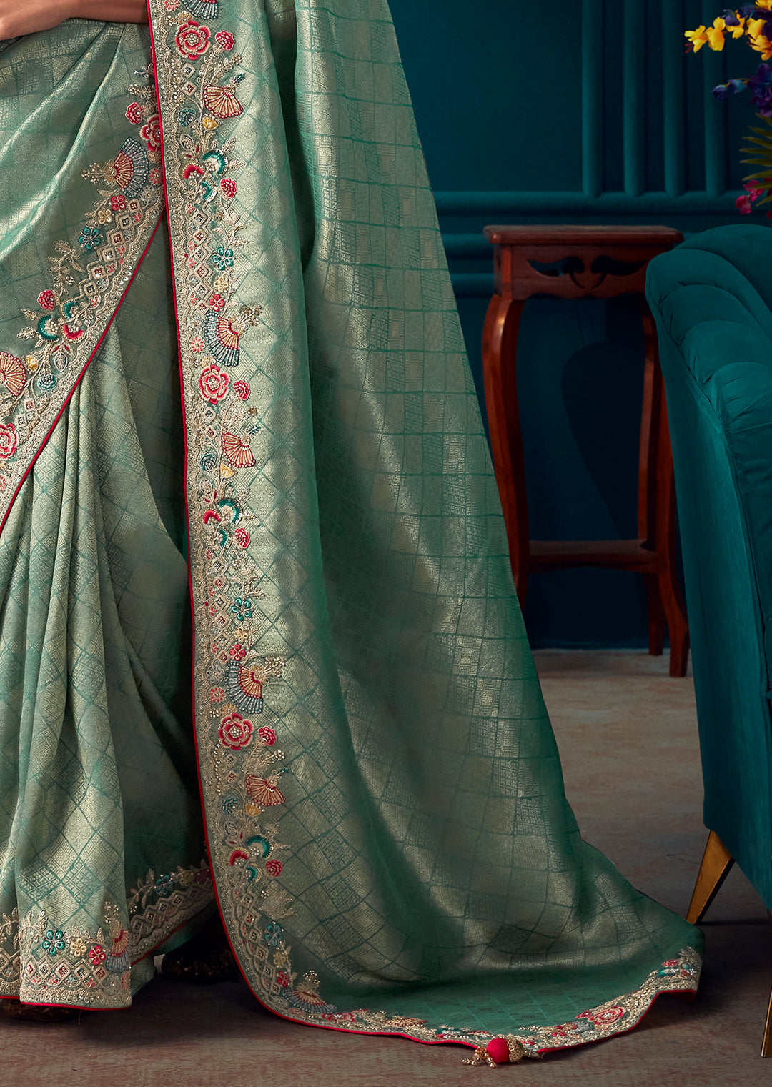PERSIAN GREEN HEAVY EMBROIDERED BROCADE DESIGNER KANJIVARAM SILK SAREE