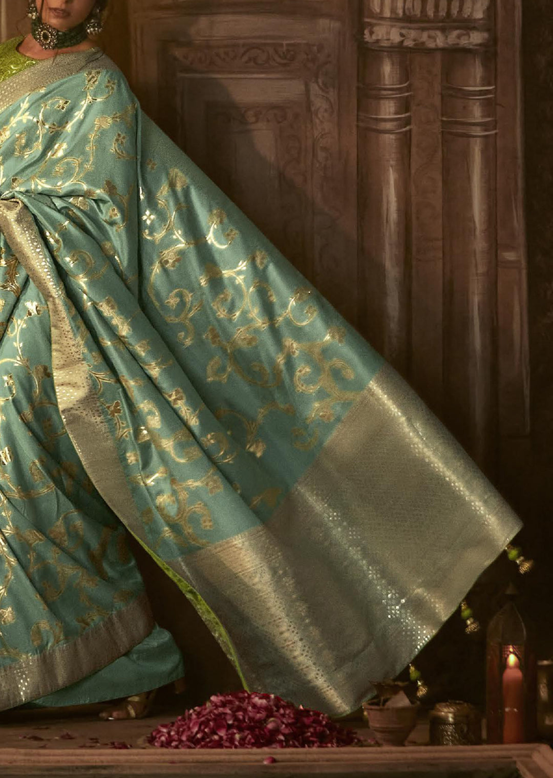 POWDER BLUE WOVEN PURE CREPE SILK DESIGNER BANARASI SAREE