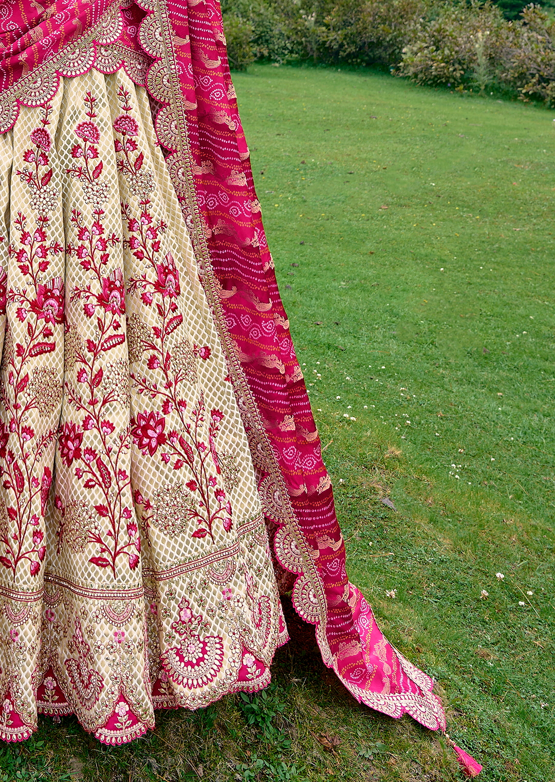 Pearl White & Pink Heavy Embroidered Premium Designer Silk Lehenga