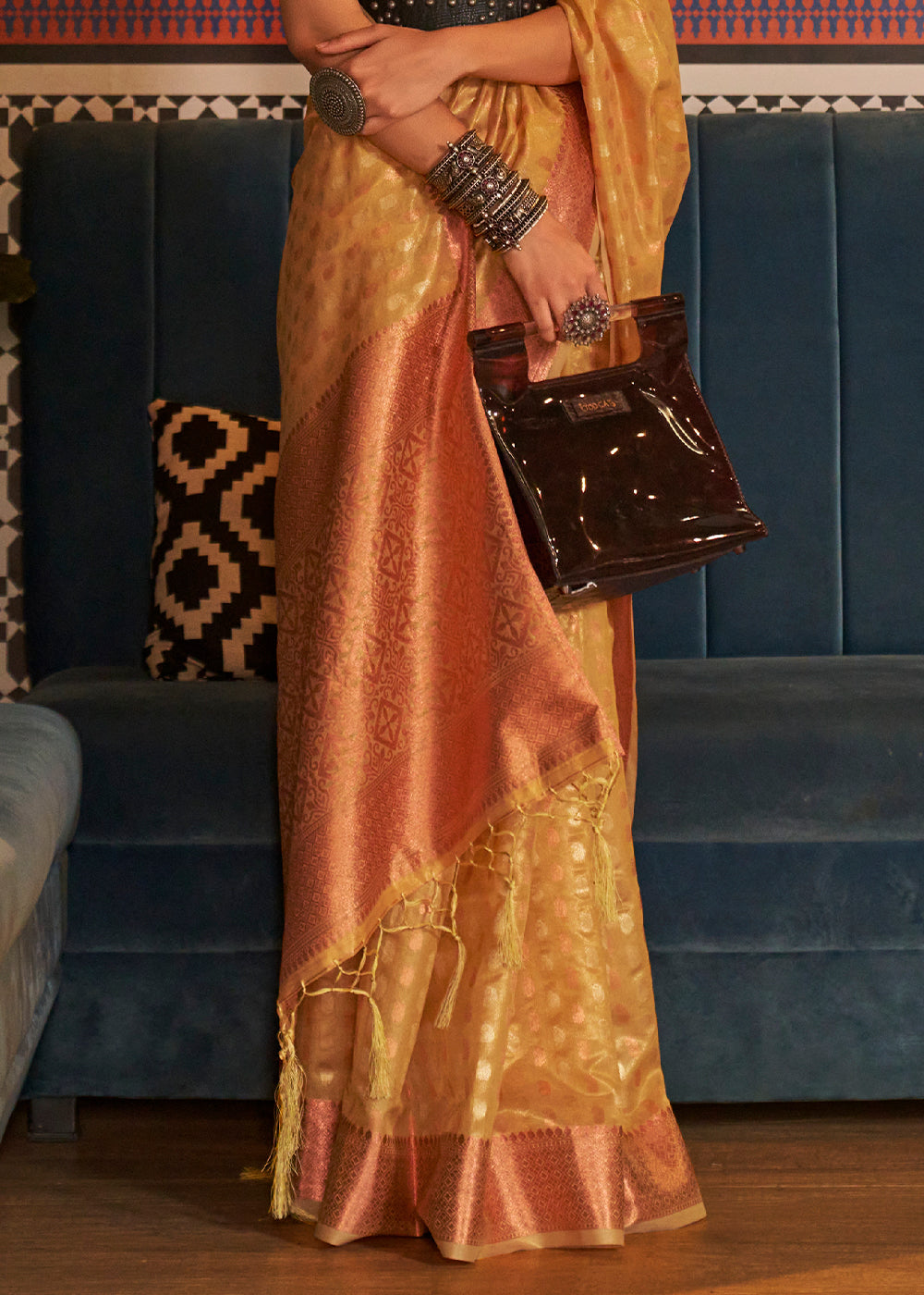 HONEY YELLOW ZARI WOVEN PURE HANDLOOM TISSUE SILK SAREE
