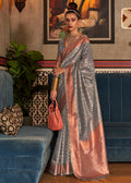 SLATE GRAY ZARI WOVEN PURE HANDLOOM TISSUE SILK SAREE