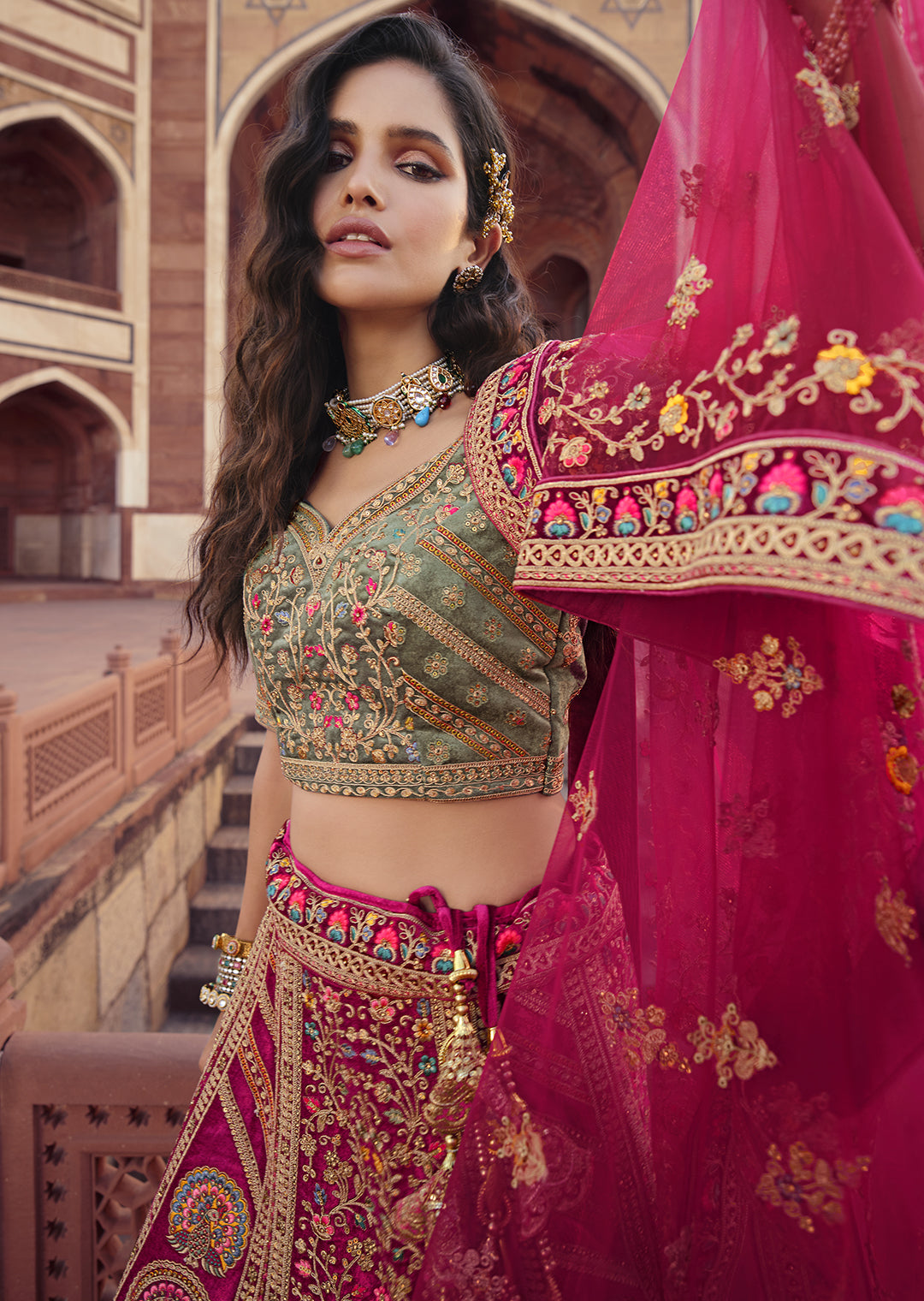 CHERRY RED HEAVY EMBROIDERED DESIGNER BRIDAL LEHENGA