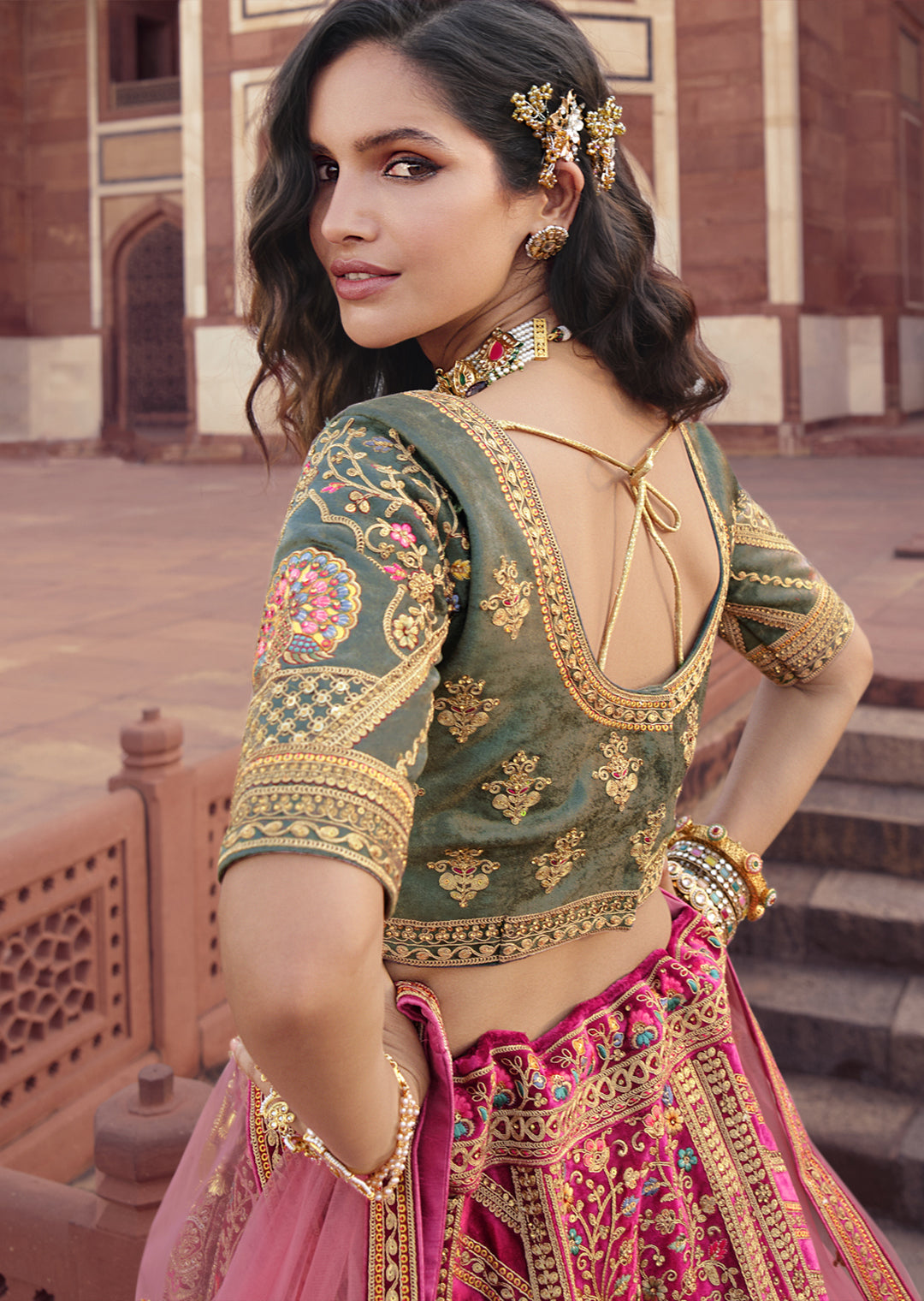 CHERRY RED HEAVY EMBROIDERED DESIGNER BRIDAL LEHENGA