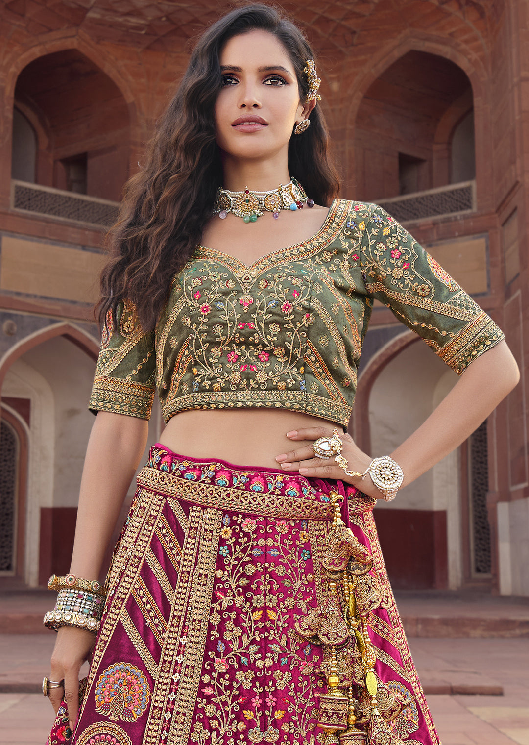 CHERRY RED HEAVY EMBROIDERED DESIGNER BRIDAL LEHENGA