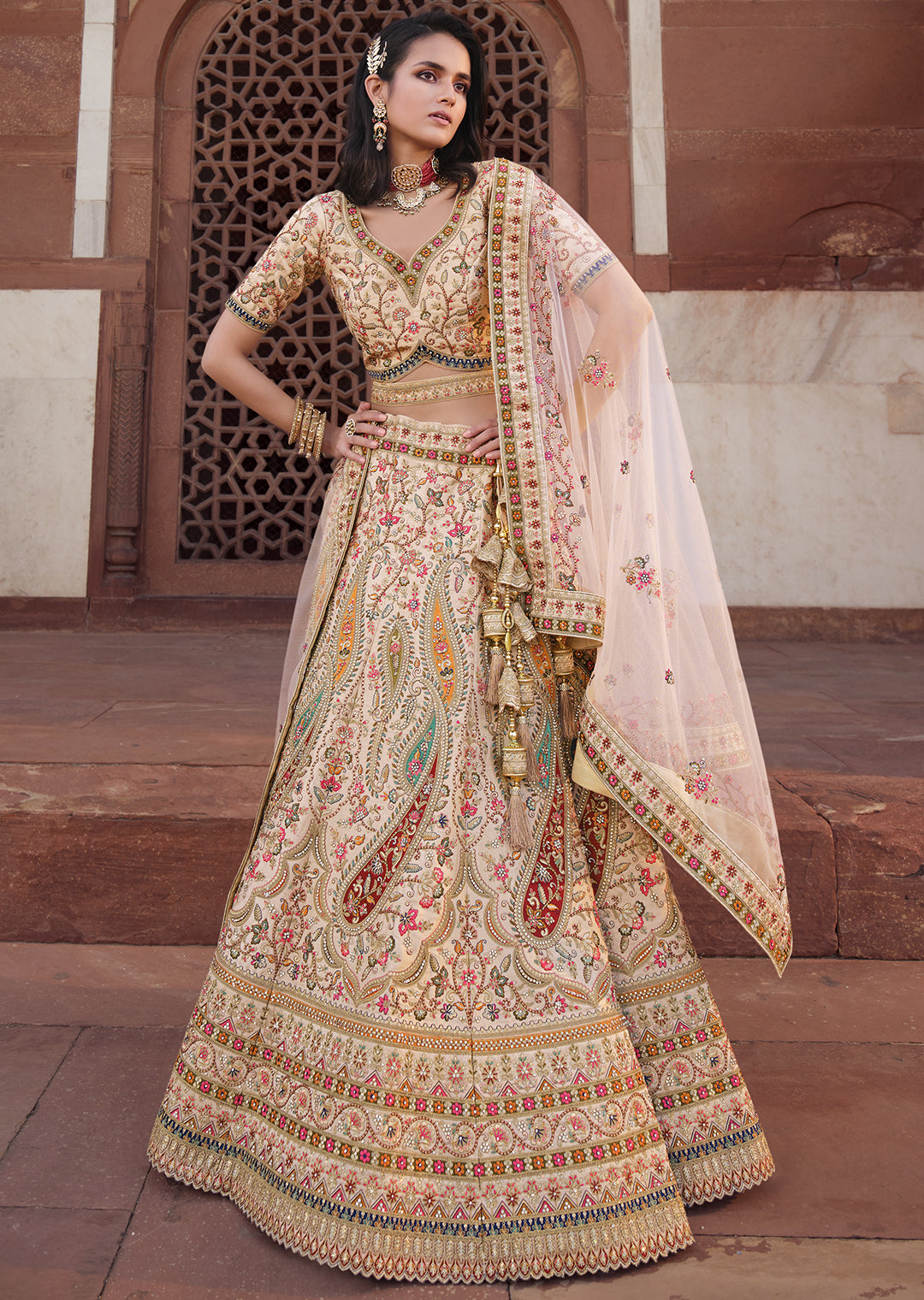 PARCHMENT OFFWHITE	HEAVY EMBROIDERED DESIGNER BRIDAL LEHENGA