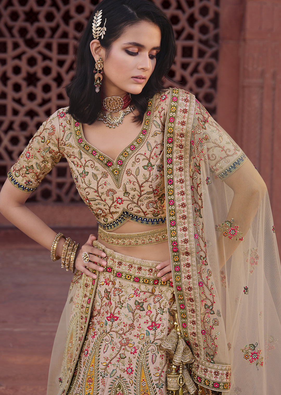 PARCHMENT OFFWHITE	HEAVY EMBROIDERED DESIGNER BRIDAL LEHENGA