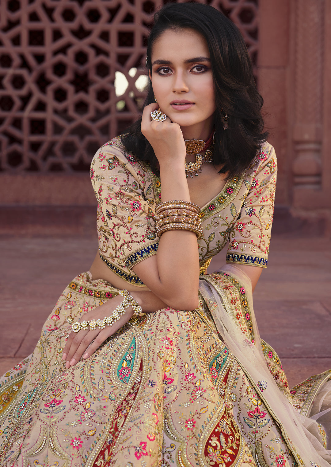 PARCHMENT OFFWHITE	HEAVY EMBROIDERED DESIGNER BRIDAL LEHENGA