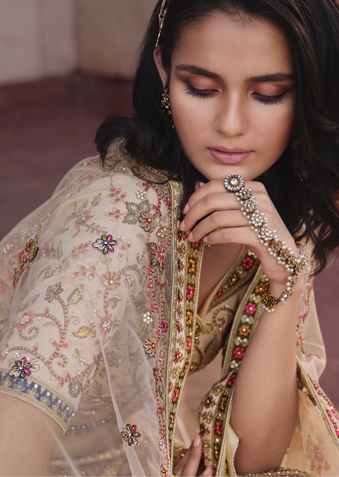 PARCHMENT OFFWHITE	HEAVY EMBROIDERED DESIGNER BRIDAL LEHENGA