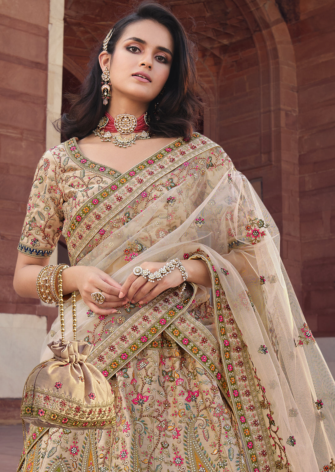 PARCHMENT OFFWHITE	HEAVY EMBROIDERED DESIGNER BRIDAL LEHENGA