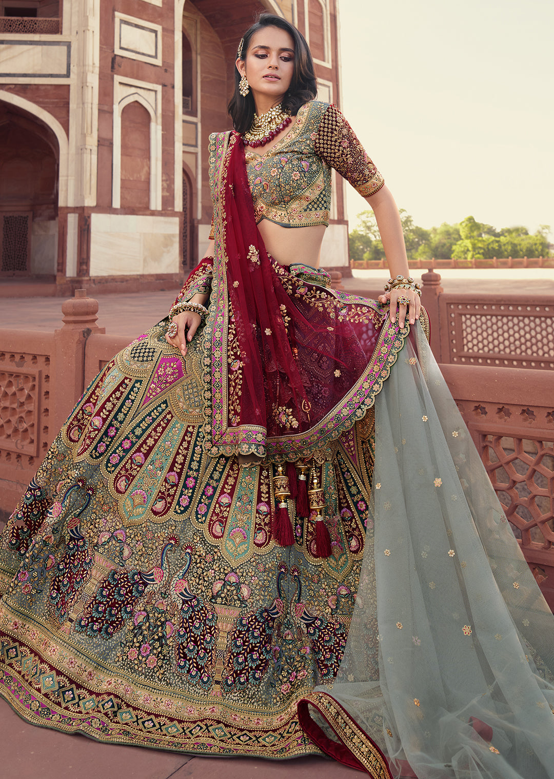 BURGUNDY RED HEAVY EMBROIDERED DESIGNER BRIDAL LEHENGA